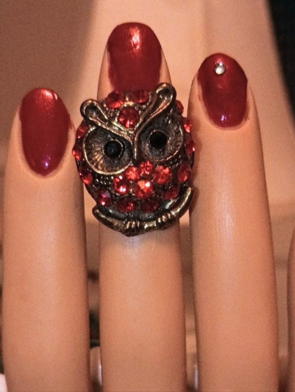 Red Crystal Owl Ring Adjustable Size